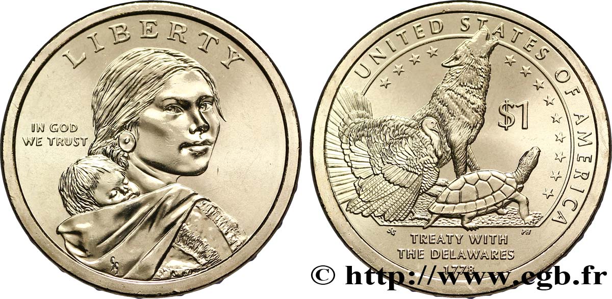 UNITED STATES OF AMERICA 1 Dollar Sacagawea / Traité avec les Delawares  type tranche B 2013 Philadelphie - P MS 