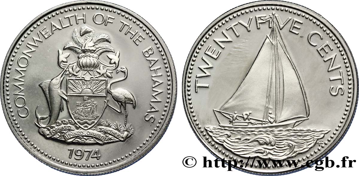 BAHAMAS 25 Cents Proof emblème / sloop 1974  SPL 