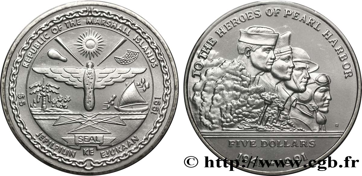ÎLES MARSHALL 5 Dollars armes 50e anniversaire de l’attaque de Pearl Harbor 1995 Medallic Art Co. FDC 