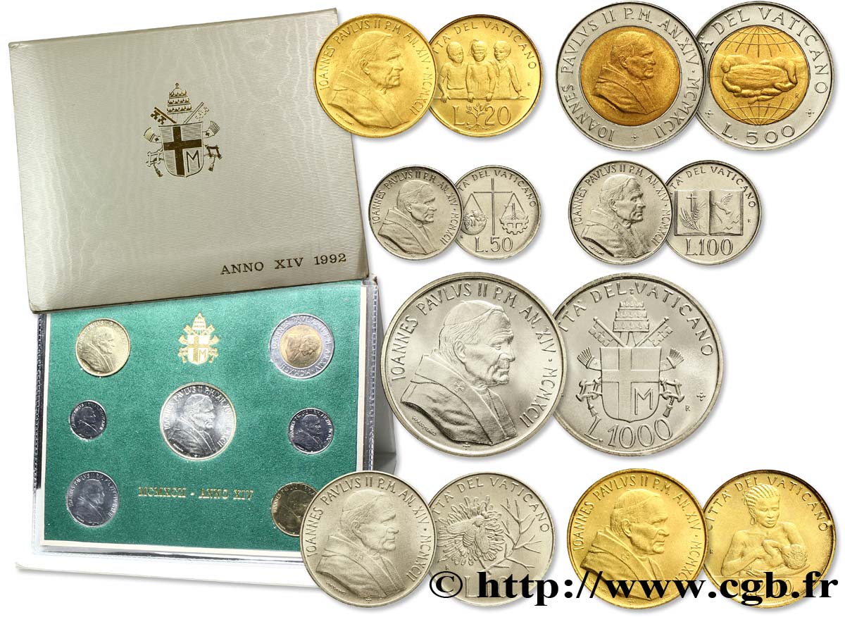 VATICANO Y ESTADOS PONTIFICIOS Série 7 monnaies Jean-Paul II an XIV 1992 Rome FDC 