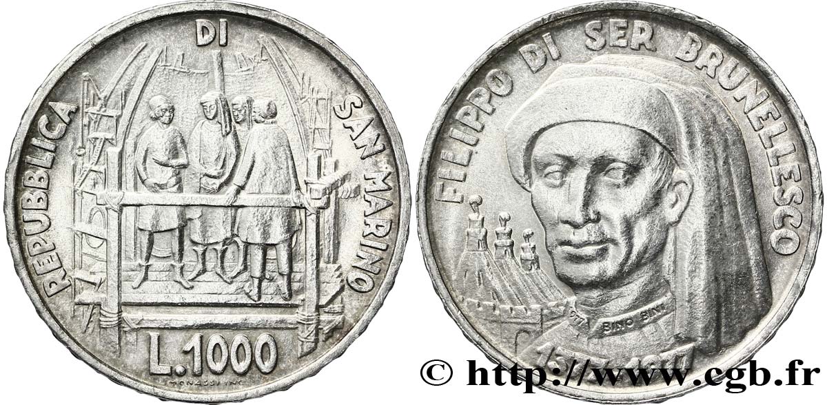 SAINT-MARIN 1000 Lire 600e anniversaire de la naissance de Filippo di Ser Brunellesco / chantier du Dôme de Florence. 1977 Rome - R SUP 