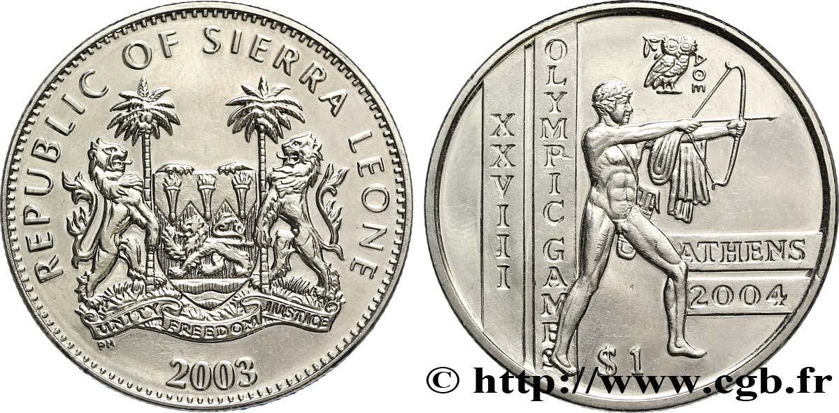 SIERRA LEONE 1 Dollar Proof Jeux Olympiques d’Athènes, archer 2003 Pobjoy Mint SPL 