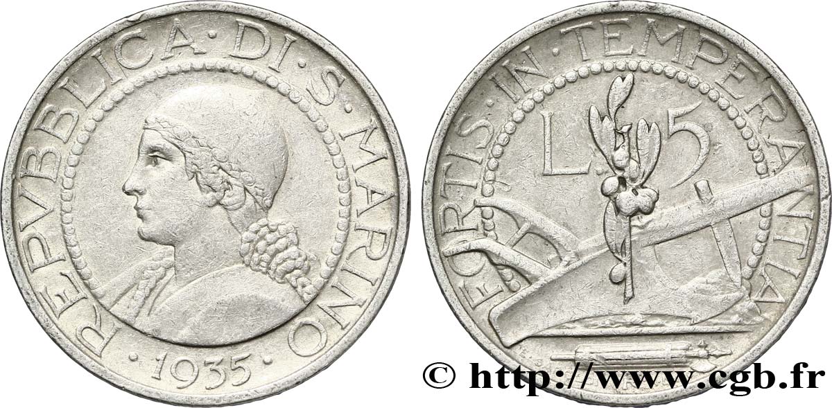 SAINT-MARIN 5 Lire portrait de femme / charrue 1935 Rome - R TTB 