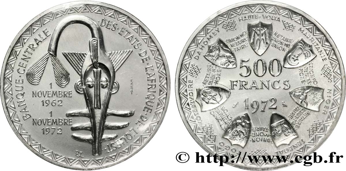 STATI DI L  AFRICA DE L  OVEST Essai 500 Francs masque / emblème des pays de l’Union Monétaire 1972 Paris FDC70 