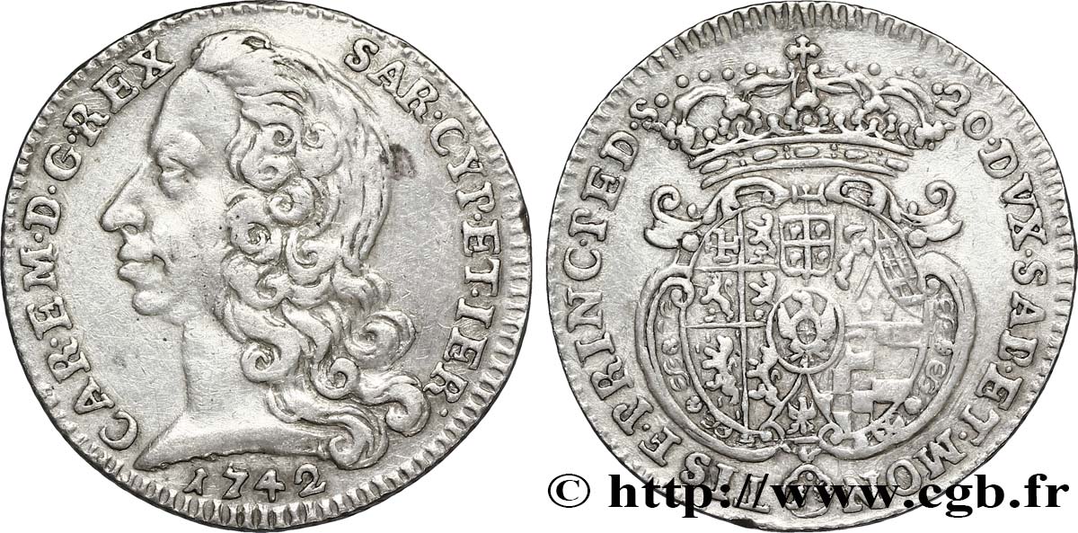 ITALY - KINGDOM OF SARDINIA 1 Lire Charles-Emmanuel III de Savoie 1742 Turin XF 
