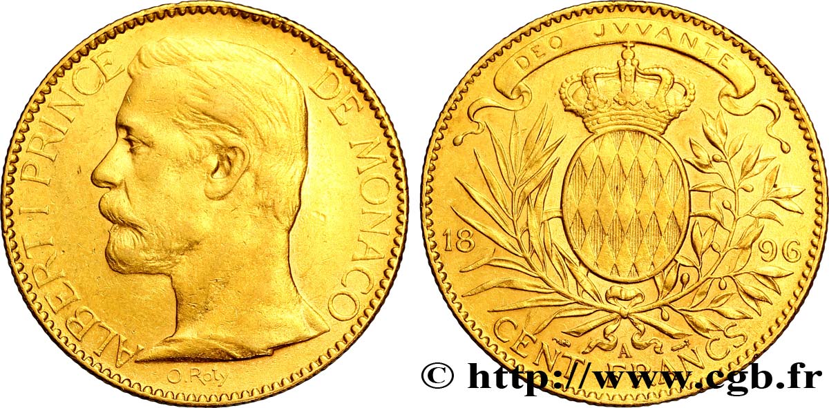 MONACO 100 Francs or Albert Ier / écu couronné 1896 Paris TTB 