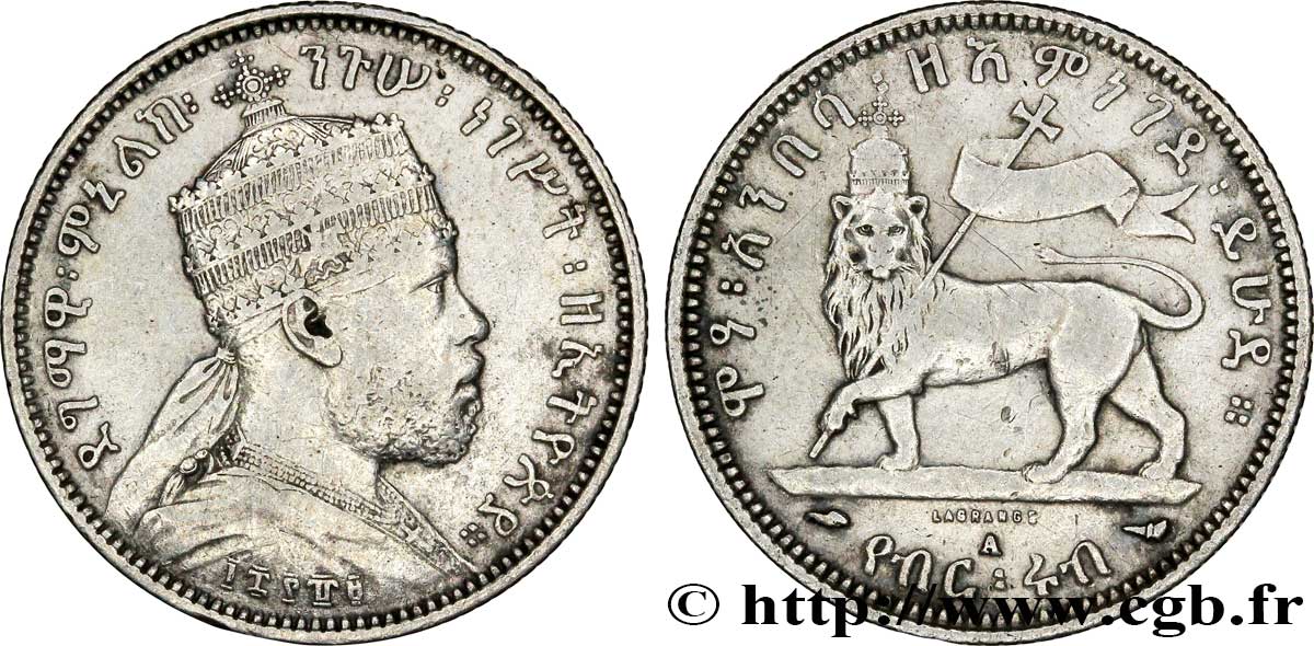 ÉTHIOPIE 1/4 Birr roi Menelik II EE1889 1897 Paris - A TTB 