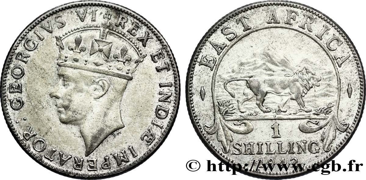 AFRIQUE DE L EST 1 Shilling Georges VI / lion 1942 Bombay - I TTB+ 