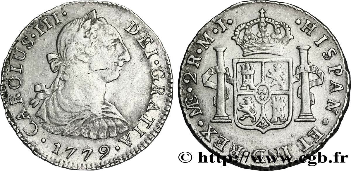 PÉROU 2 Reales Charles III tête laurée  / écu aux colonnes 1779 Lima TTB 