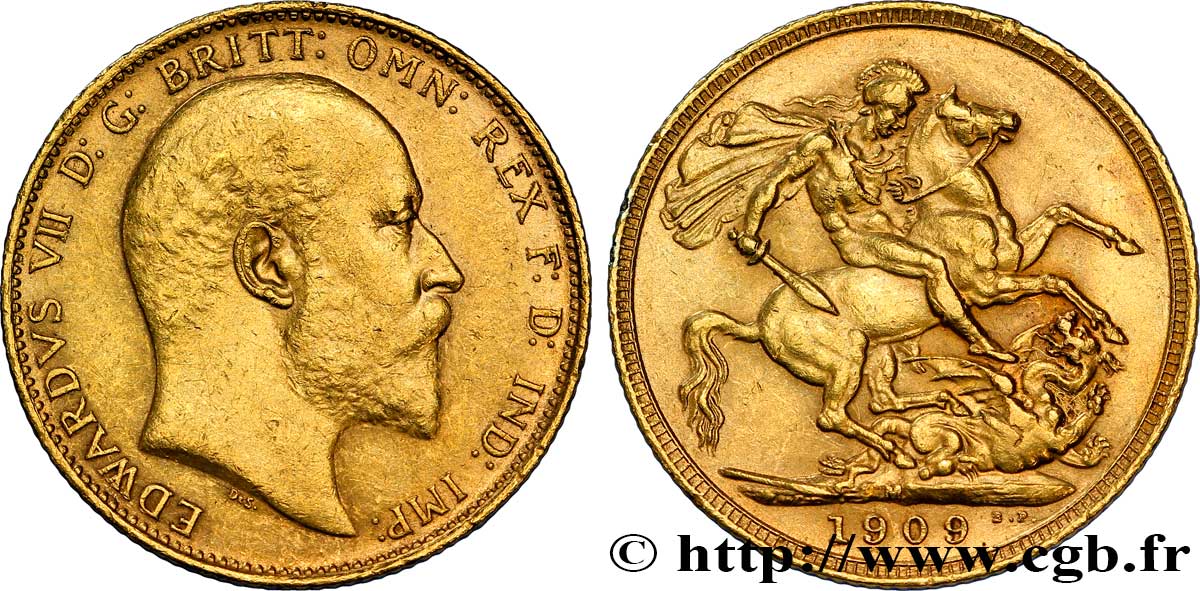 ROYAUME-UNI 1 Souverain Edouard VII / St Georges terrassant le dragon 1909 Londres TTB+ 