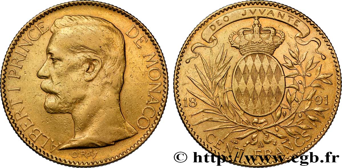 MONACO 100 Francs or   / écu couronné 1891 Paris TB+ 