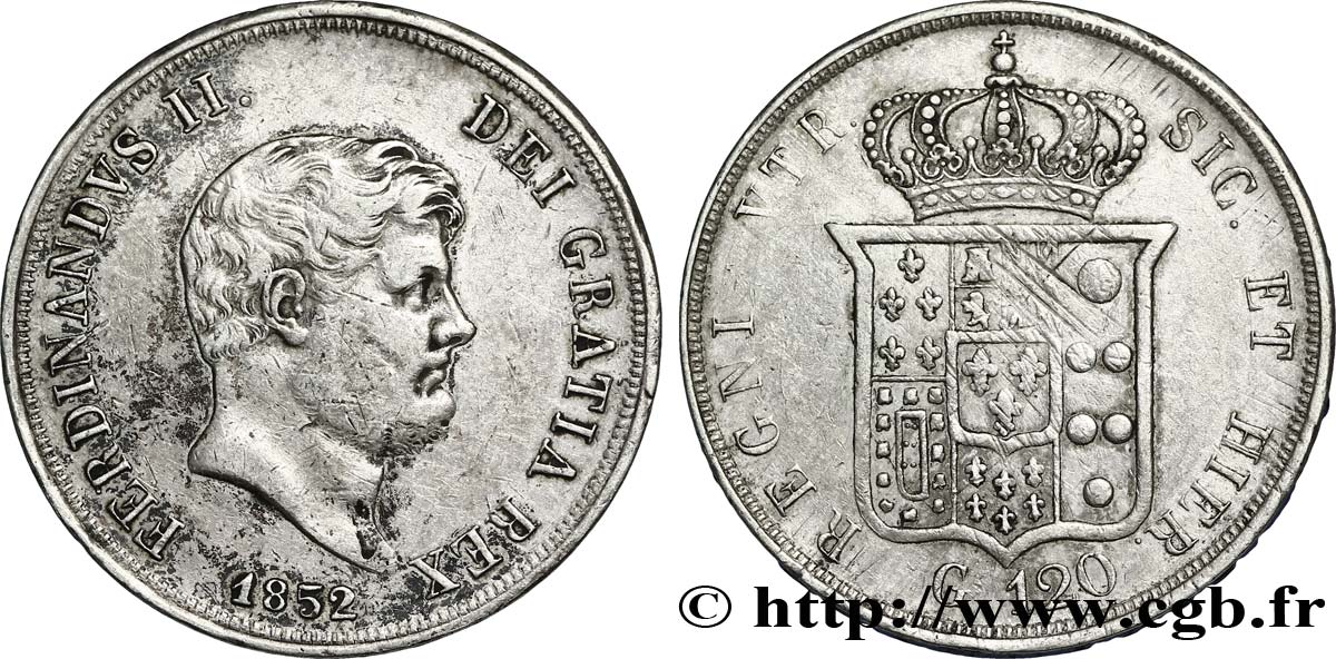 ITALIE - ROYAUME DES DEUX-SICILES 120 Grana Ferdinand II 1852 Naples TB+ 
