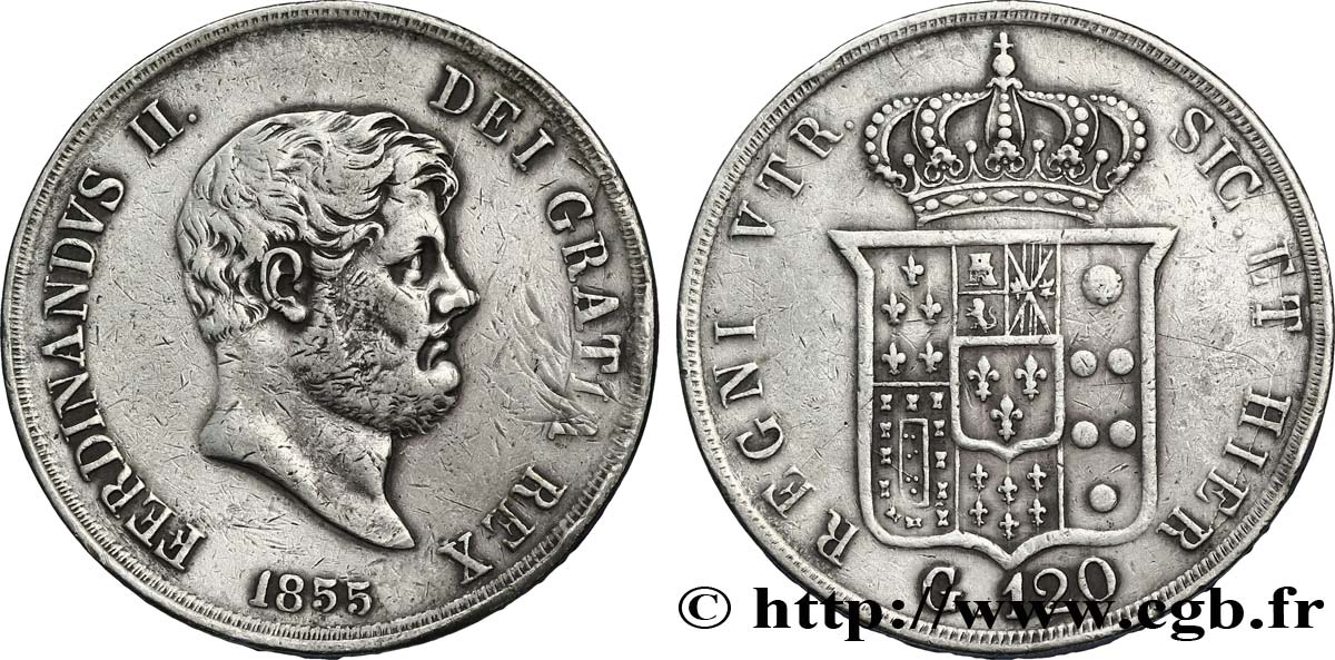 ITALIE - ROYAUME DES DEUX-SICILES 120 Grana Royaume des Deux-Siciles, Ferdinand II / écu couronné 1855 Naples TB+ 