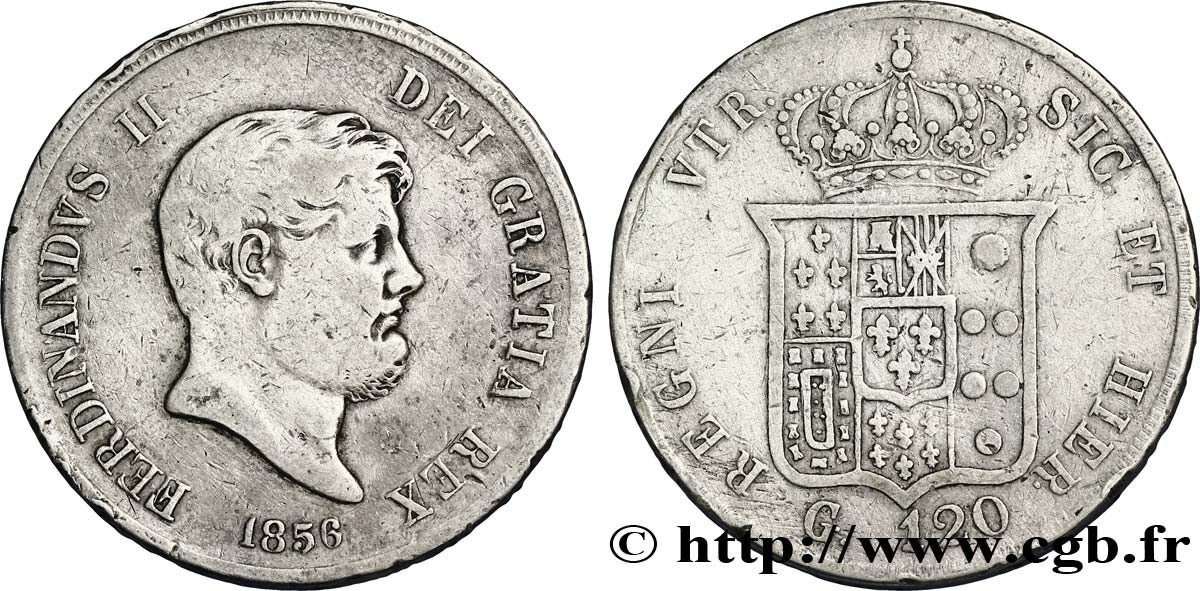 ITALIE - ROYAUME DES DEUX-SICILES 120 Grana Ferdinand II, roi de Naples et Sicile 1856 Naples TB 