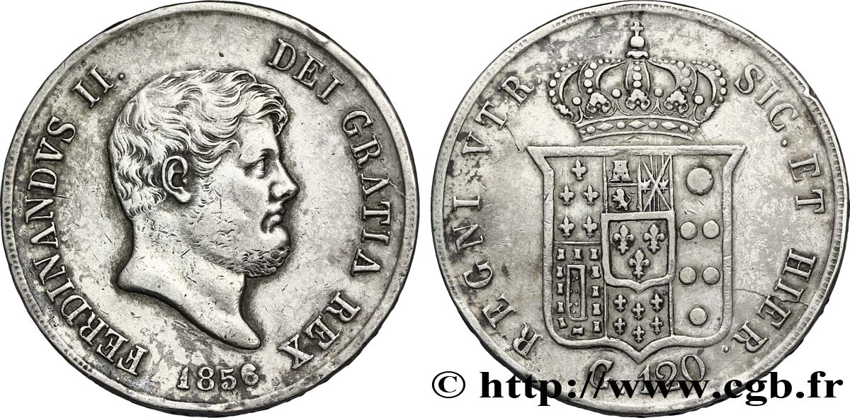 ITALIE - ROYAUME DES DEUX-SICILES 120 Grana Ferdinand II, roi de Naples et Sicile 1856 Naples TB+ 
