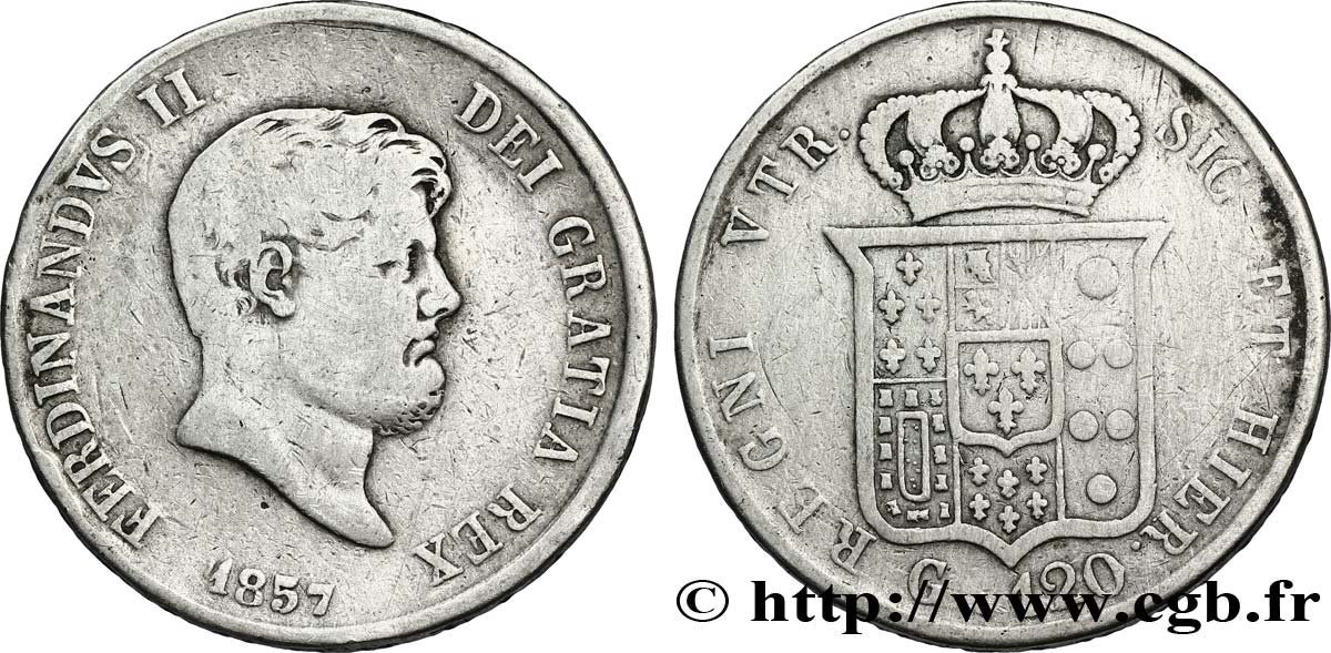 ITALIE - ROYAUME DES DEUX-SICILES 120 Grana Ferdinand II, roi de Naples et Sicile 1857 Naples TB 
