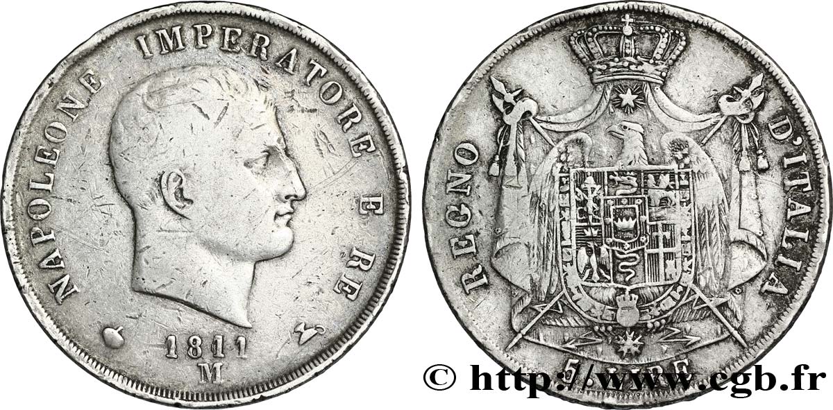 ITALIE - ROYAUME D ITALIE - NAPOLÉON Ier 5 Lire Napoléon Empereur et Roi d’Italie tranche en creux 1811 Milan - M TB 