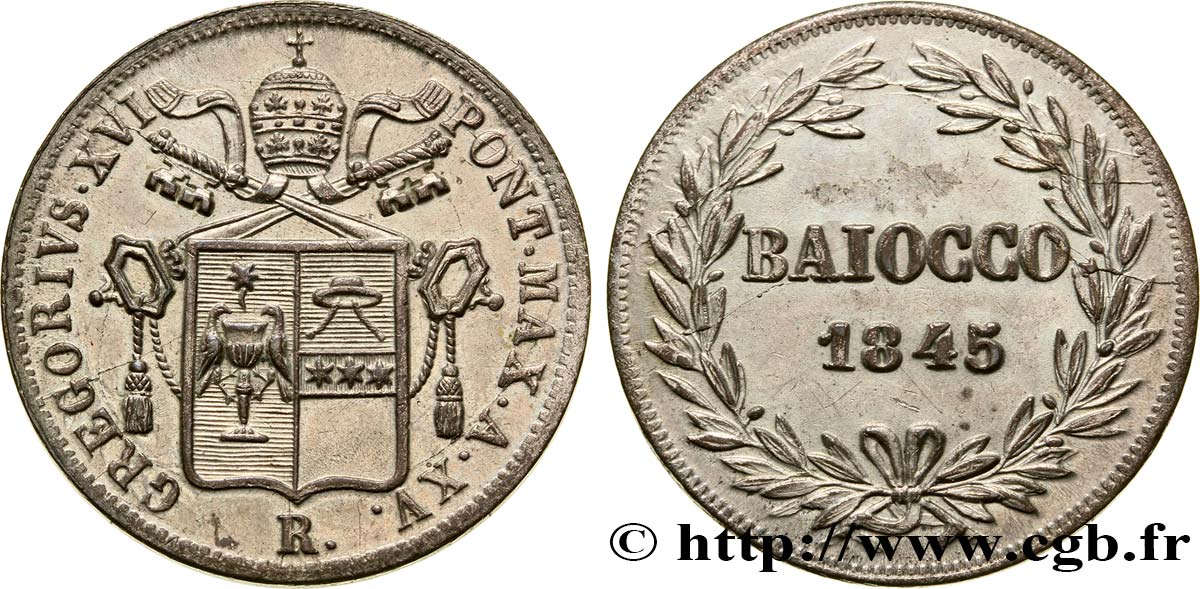 VATICANO Y ESTADOS PONTIFICIOS 1 Baiocco frappé au nom de Grégoire XVI an XV avec argenture 1845 Rome EBC 