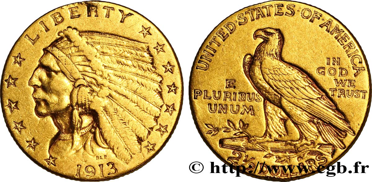 ÉTATS-UNIS D AMÉRIQUE 2 1/2 Dollars or (Quarter Eagle) type “tête d’indien”  1913 Philadelphie SUP 