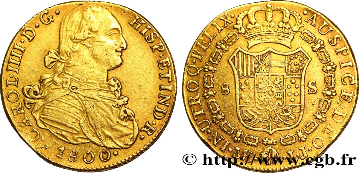 PERU 8 Escudos or Charles IIII d’Espagne 1800 Lima XF 