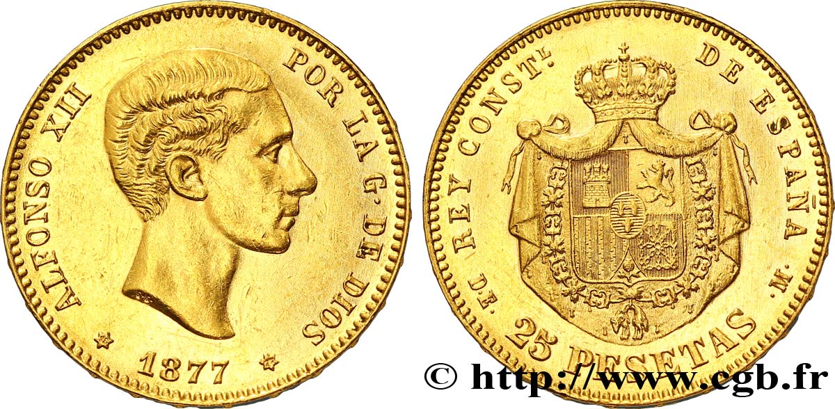 ESPAGNE 25 Pesetas Alphonse XII roi d’Espagne / manteau d’armes couronné 1877 Madrid SUP 