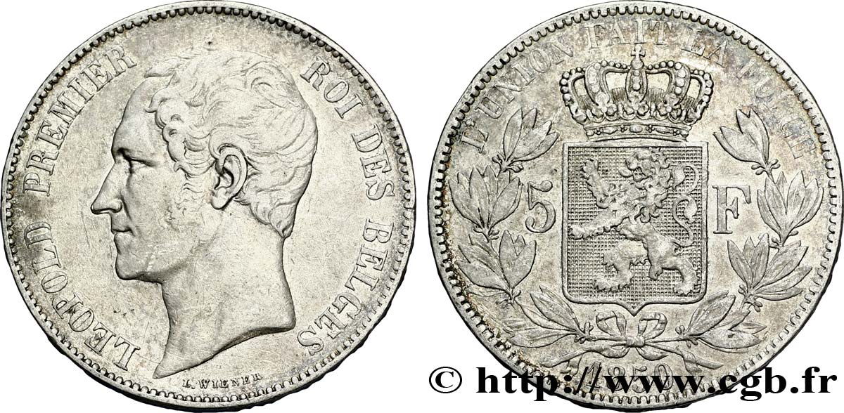 BELGIQUE 5 Francs Léopold Ier 1850  TTB 