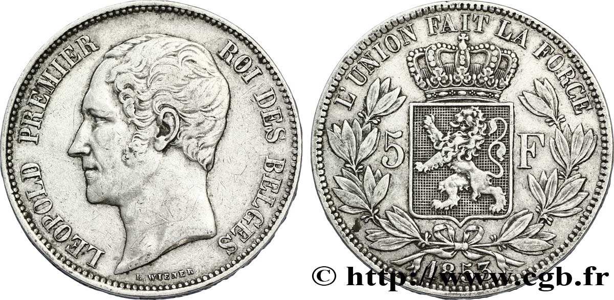 BELGIQUE 5 Francs Léopold Ier tête nue 1853  TTB+ 