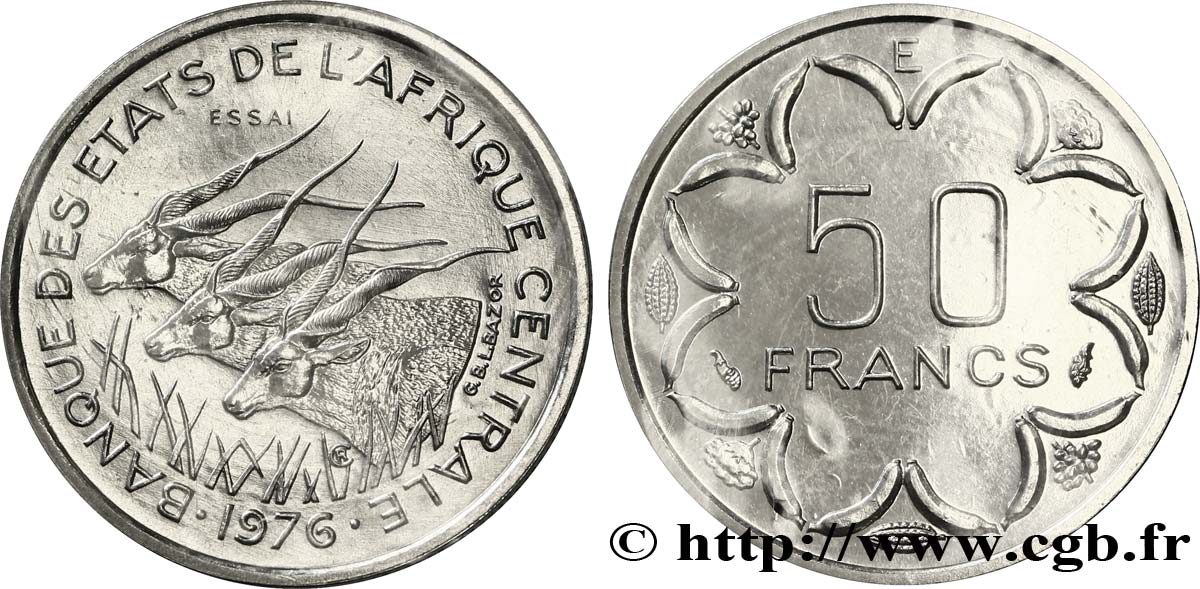 ÉTATS DE L AFRIQUE CENTRALE Essai de 50 Francs antilopes lettre ‘E’ Cameroun 1976 Paris FDC 