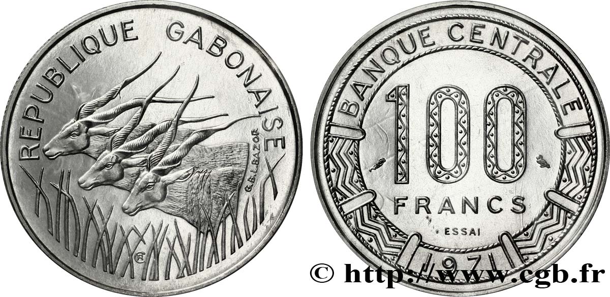 GABON Essai de 100 Francs antilopes type “Banque Centrale” 1971 Paris FDC 