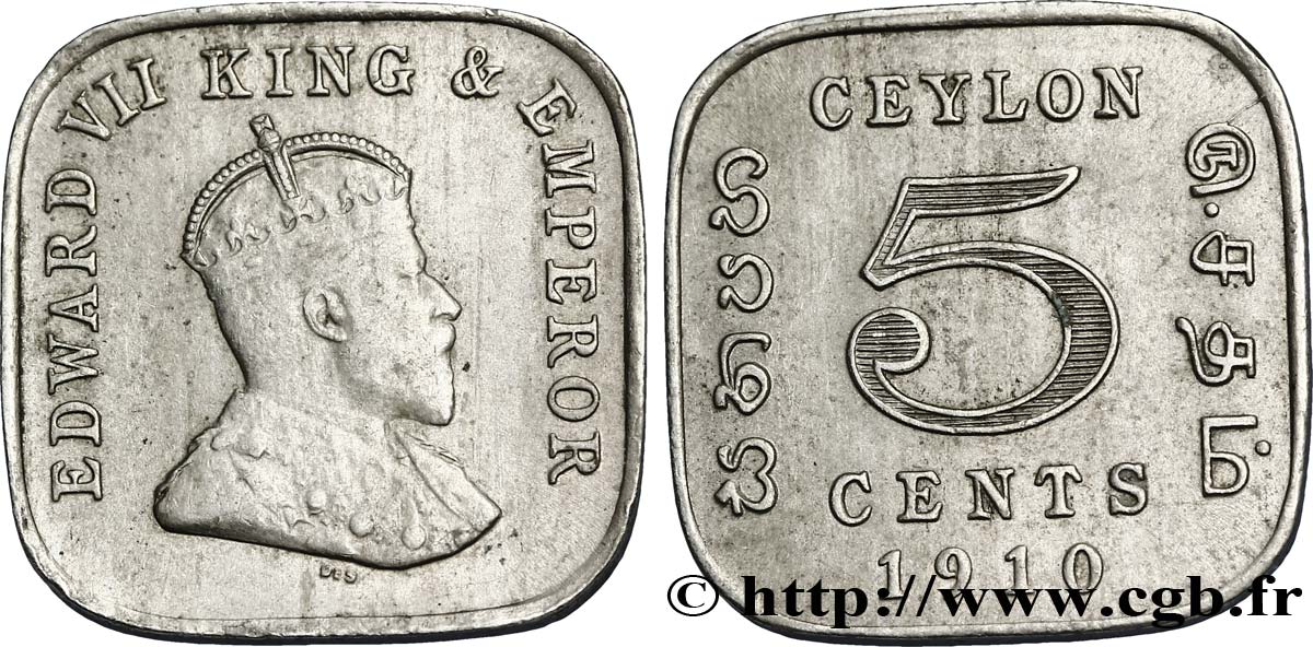 CEYLAN 5 Cents Edouard VII 1910  TTB 