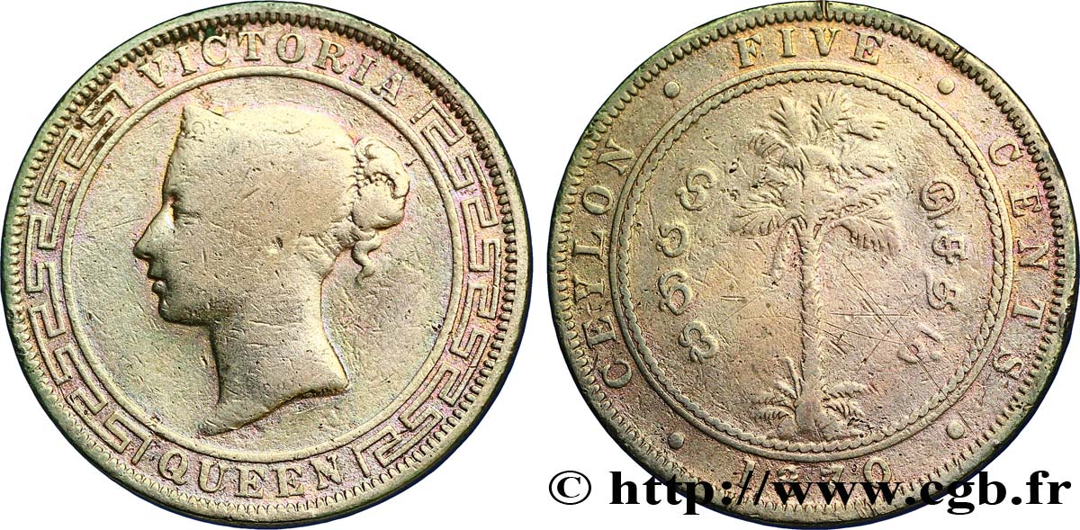 CEYLAN 5 Cents Victoria 1870  B+ 