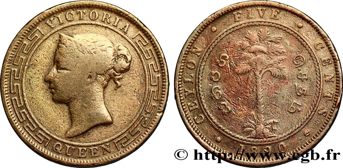 CEYLAN 5 Cents Victoria 1890  B+ 