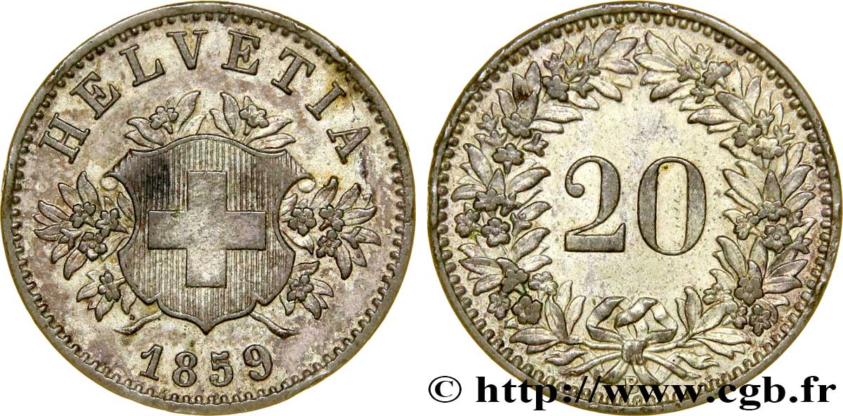 SUISSE 20 Centimes (Rappen) croix suisse 1859 Berne - B TTB+ 