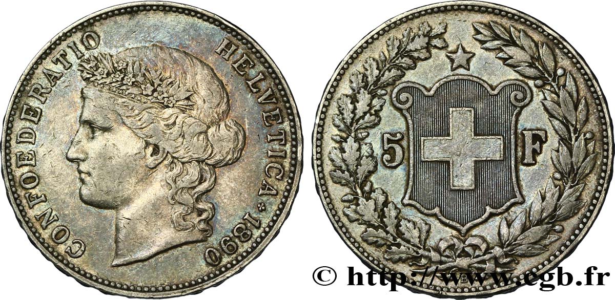 SUISSE 5 Francs Helvetia buste 1890 Berne TTB+ 