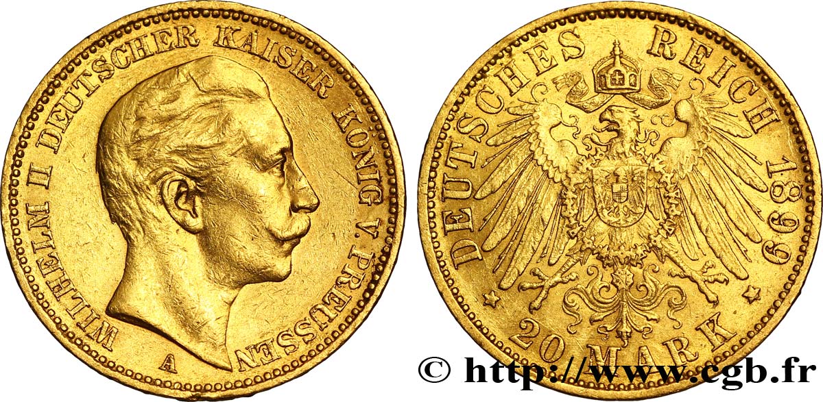 DEUTSCHLAND - PREUßEN 20 Mark royaume de Prusse Guillaume II / aigle héraldique 1899 Berlin fVZ 