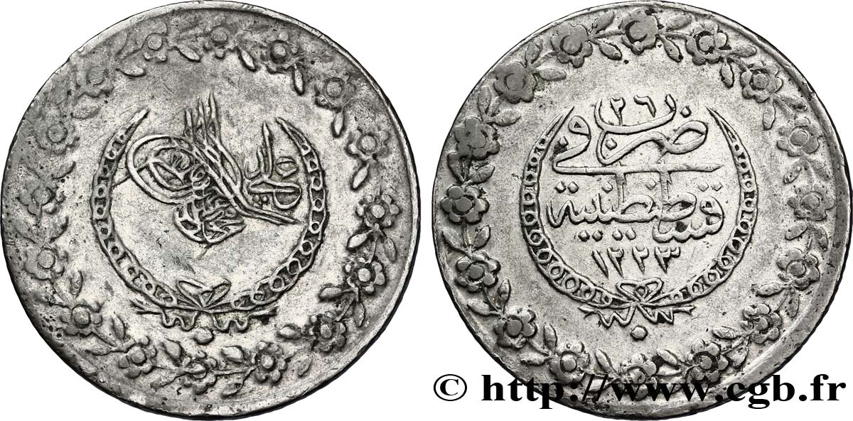 TURQUIE 5 Kurush au nom de Mahmoud II AH1223 an 26 1833 Constantinople TTB+ 