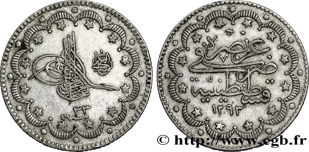 TURQUíA 10 Kurush au nom de Abdul Hamid II AH1293 an 33 1907 Constantinople MBC 