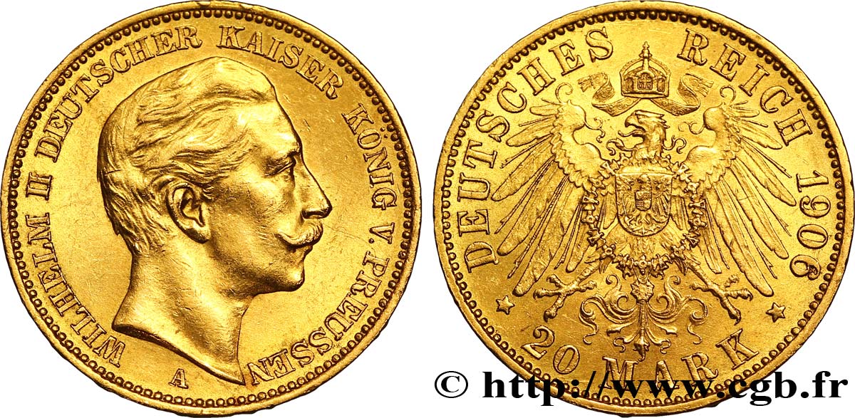 ALLEMAGNE - PRUSSE 20 Mark or, 2e type Guillaume II / aigle impérial 1906 Berlin SUP 