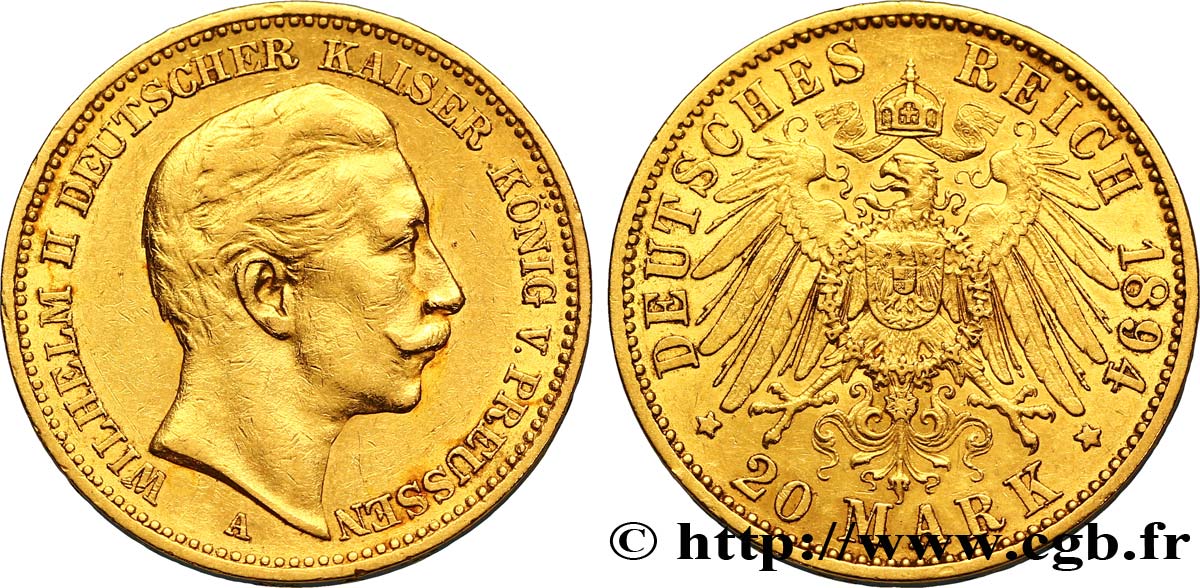 ALLEMAGNE - PRUSSE 20 Mark royaume de Prusse Guillaume II / aigle héraldique 1894 Berlin TTB 