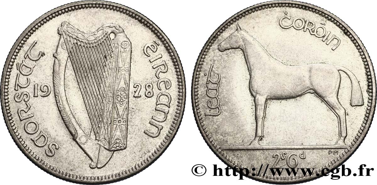 IRLANDE 1/2 Crown harpe / cheval type SAORSTAT EIREANN (état libre d’Irlande) 1928  TTB+ 
