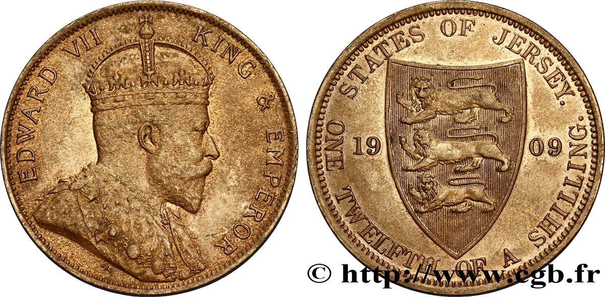 JERSEY 1/12 Shilling Edouard VII / armes du Baillage de Jersey 1909  TTB+ 