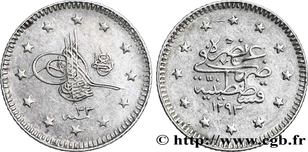 TURQUIE 1 Kurush au nom de Abdul Hamid II AH1293 an 33 1907 Constantinople TTB+ 