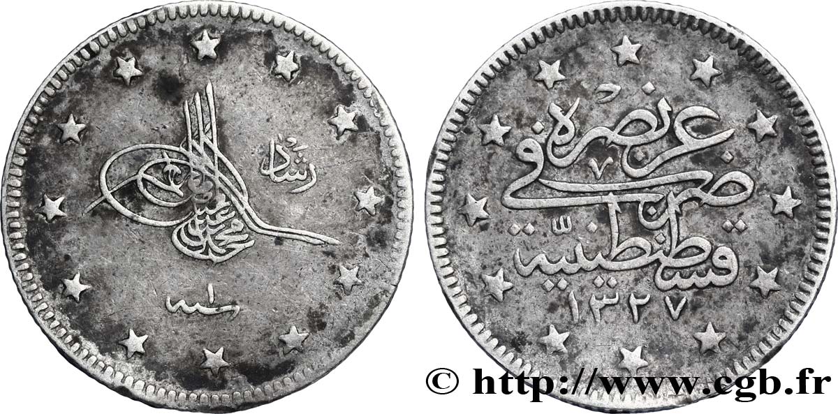 TURQUIE 2 Kurush Muhammad V AH1327 / 1 1909 Constantinople TTB 