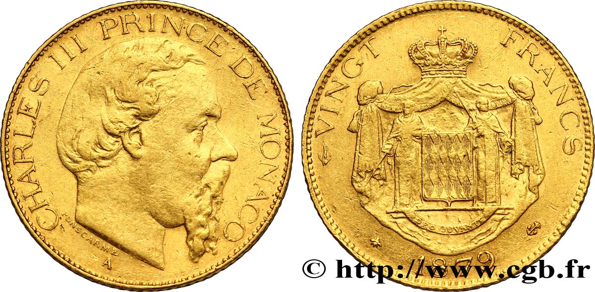 MONACO 20 Francs or, Charles III / écu couronné, ancre barrée 1879 Paris TB+ 