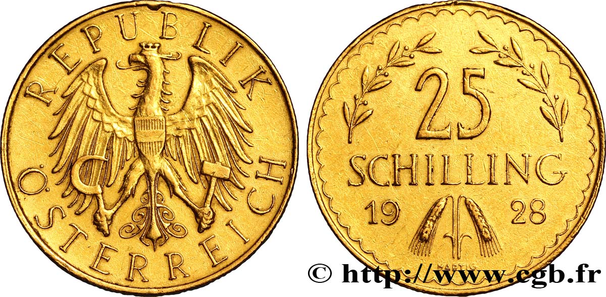 AUTRICHE 25 Schilling Aigle héraldique aux armes de l Autriche / deux épis et deux branches d olivier 1928 Vienne TTB 