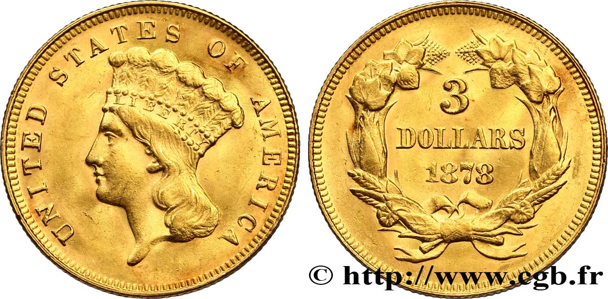 ÉTATS-UNIS D AMÉRIQUE 3 Dollars type Indian Princess 1878 Philadelphie SUP 