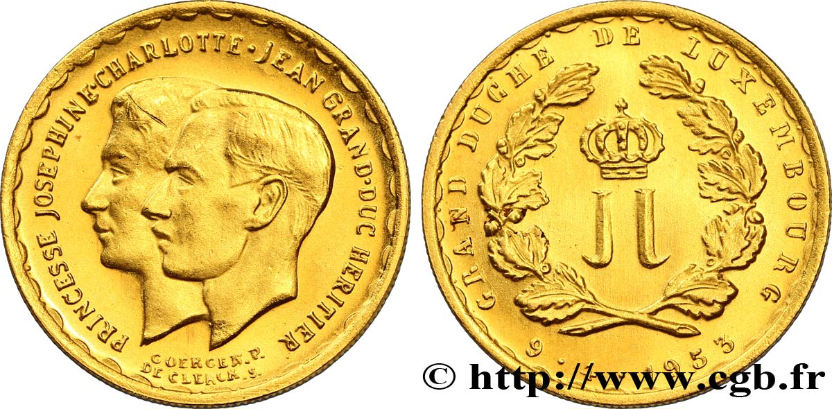 LUXEMBOURG Monnaie commémorative au module de 20 francs Or, mariage du prince héritier 1953 Bruxelles SPL 