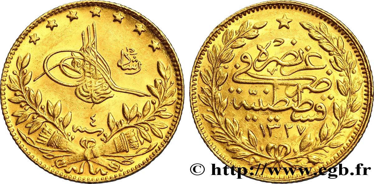 TURQUIE 50 Kurush en or Sultan Mohammed V Resat AH 1327, An 4 1913 Constantinople SUP 