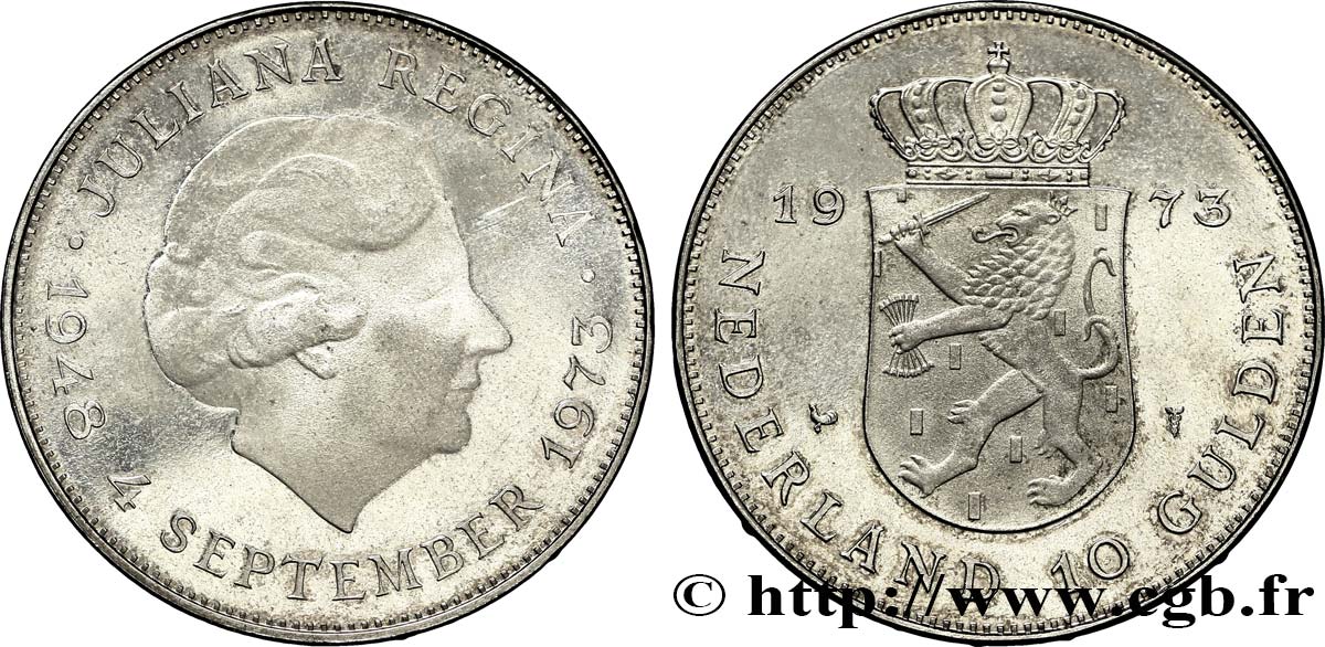 NETHERLANDS 10 Gulden 25e anniversaire de règne, reine Juliana Proof 1973 Utrecht MS 