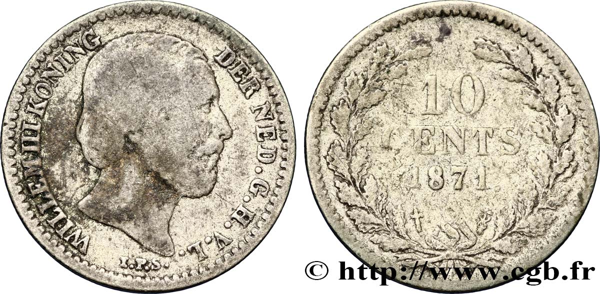 NETHERLANDS 10 Cents Guillaume III 1871 Utrecht VF 